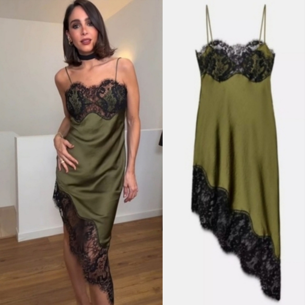 ZARA Lace Satin Slip Camisole Dress Black Green Size S